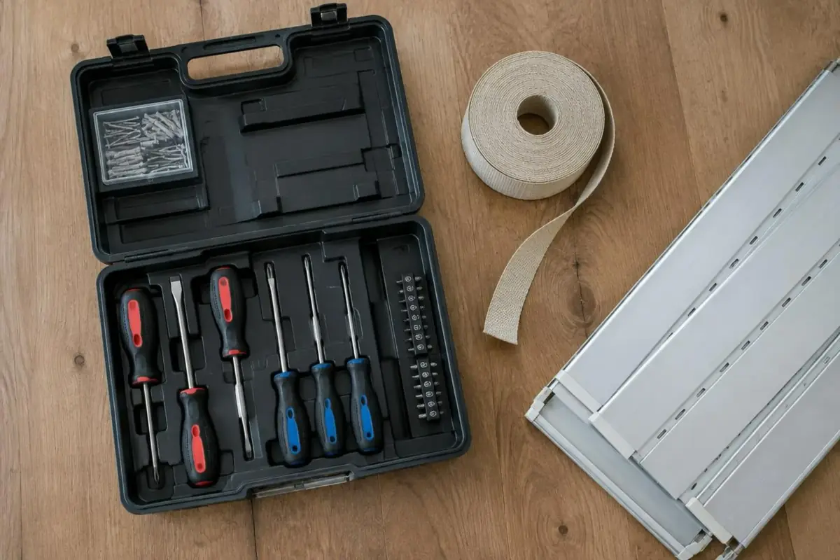 Mallette d'outils ouverte avec tournevis, rouleau de sangle beige et lames de volet en aluminium