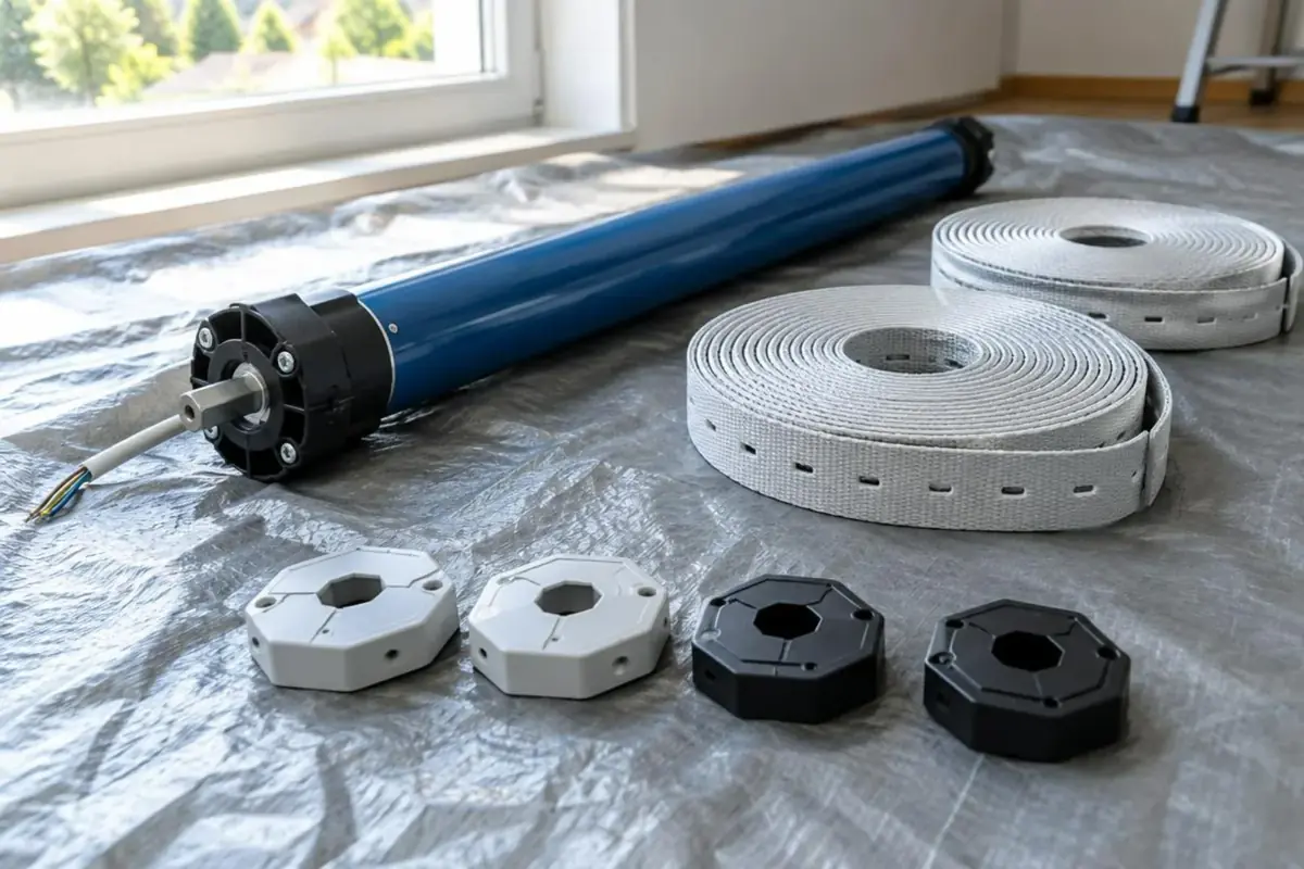 Moteur tubulaire neuf, rouleaux de sangle et embouts d'axe alignés sur une bâche grise
