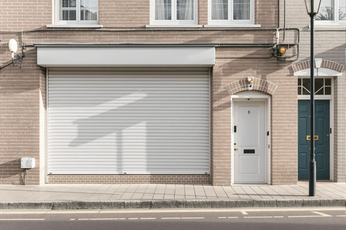 Façade de maison ouvrière en brique rouge avec volets roulants gris baissés au crépuscule
