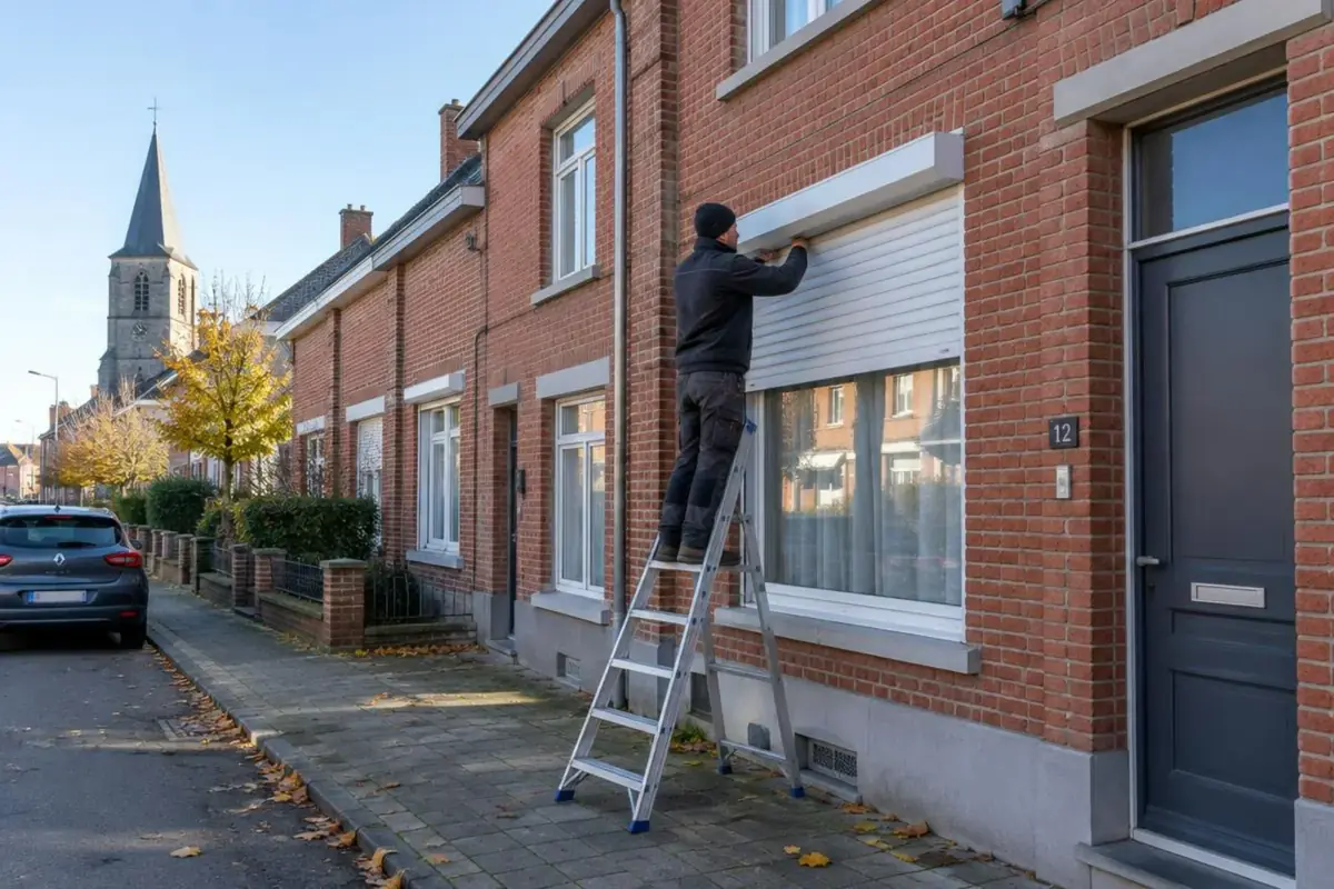 Technicien sur un escabeau réglant le volet roulant d'une maison mitoyenne en brique rouge