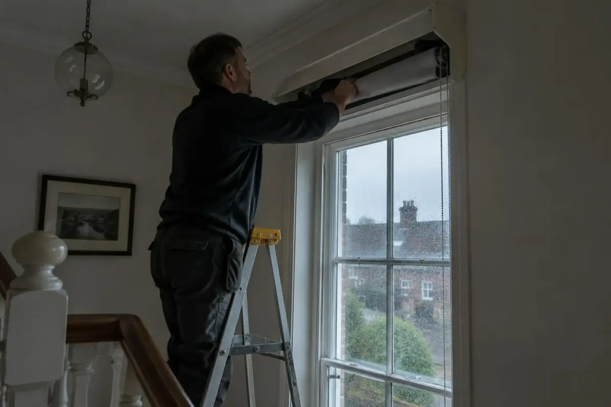 Technicien sur un escabeau ouvrant un coffre intérieur pour récupérer un tablier enroulé trop loin