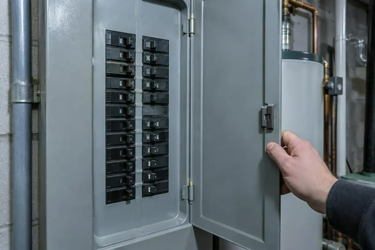 Main ouvrant la porte d'un tableau électrique domestique pour vérifier les disjoncteurs abaissés