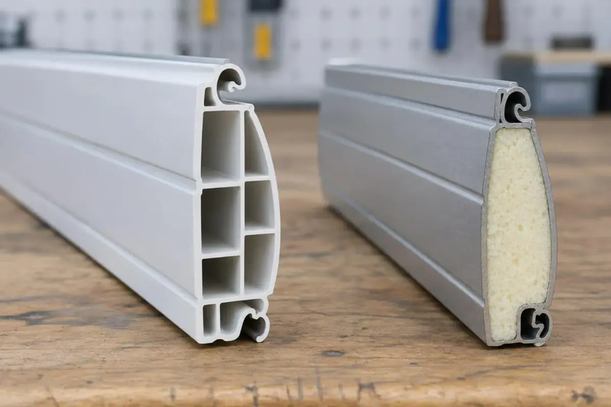 Coupe de deux lames de volet, PVC alvéolé et aluminium garni de mousse, sur un établi