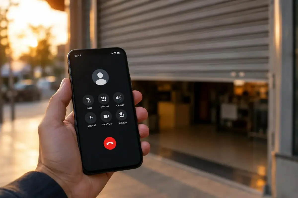 Main tenant un smartphone pendant un appel, volet roulant à moitié fermé en arrière-plan flou, lumière du soir