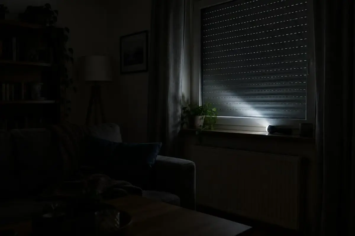 Volet roulant électrique baissé dans un séjour plongé dans la pénombre pendant une panne de courant