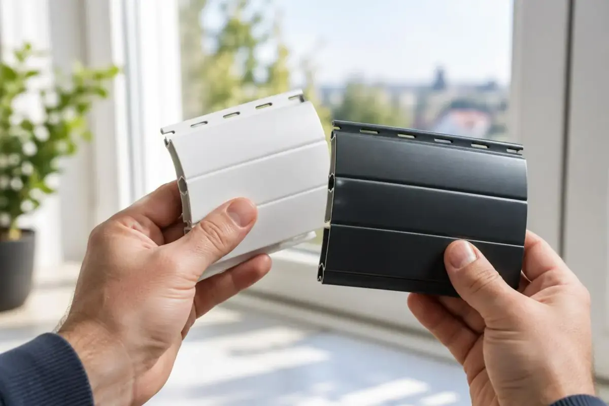 Deux échantillons de lames de volet roulant, PVC blanc et aluminium anthracite, posés sur un établi