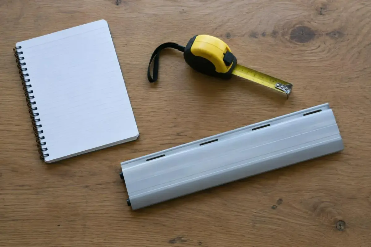 Bloc-notes, mètre ruban et lame de volet en aluminium sur une table en chêne