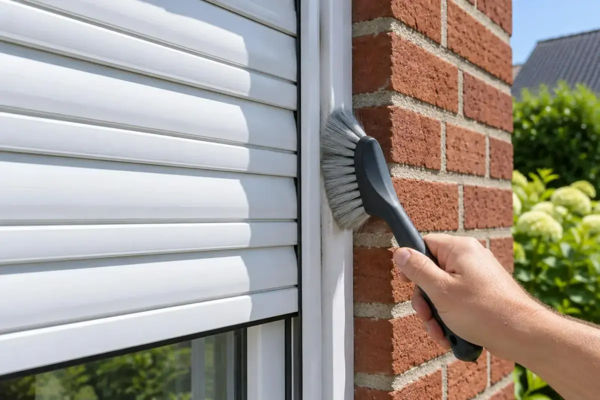 Brosse douce passée dans la coulisse d'un volet roulant blanc sur une maison en brique