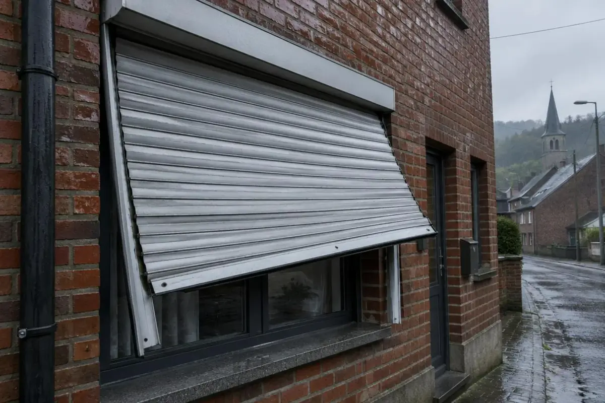 Tablier de volet roulant en aluminium sorti des coulisses sur une façade de Clabecq