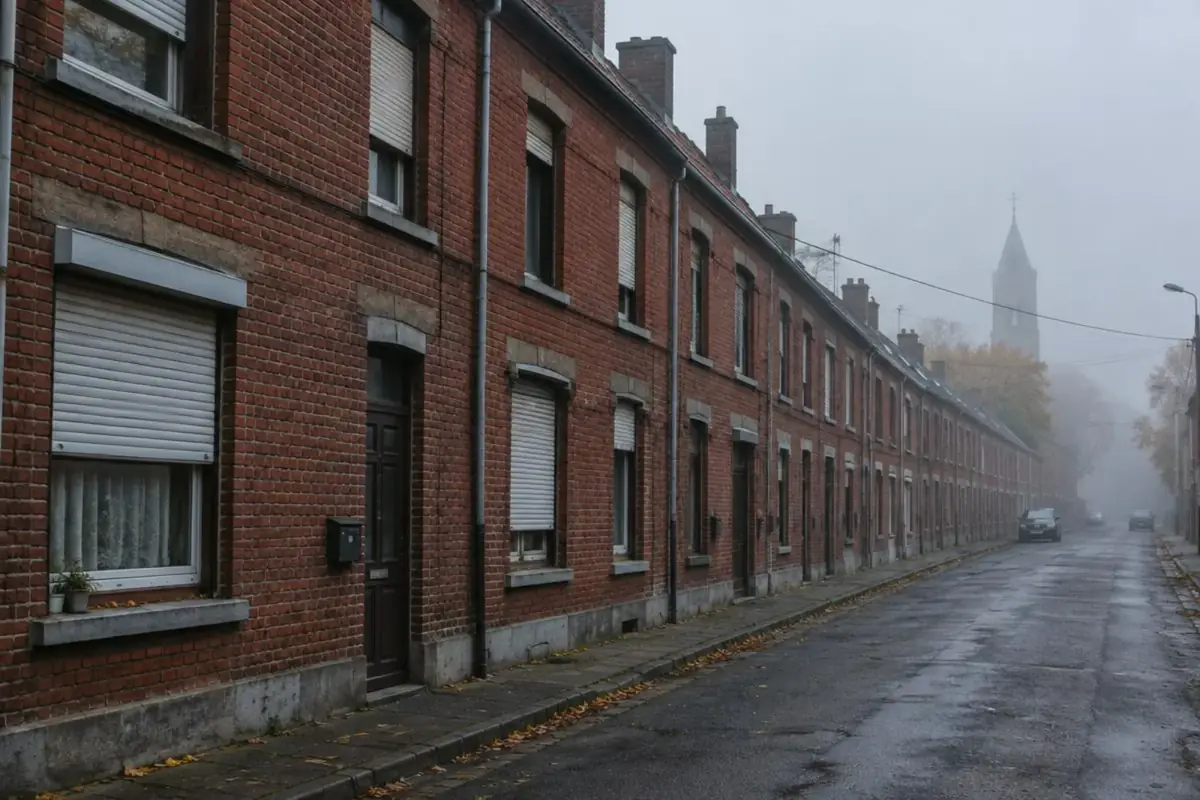 Rangée de maisons ouvrières en brique à Tubize avec volets roulants à demi baissés