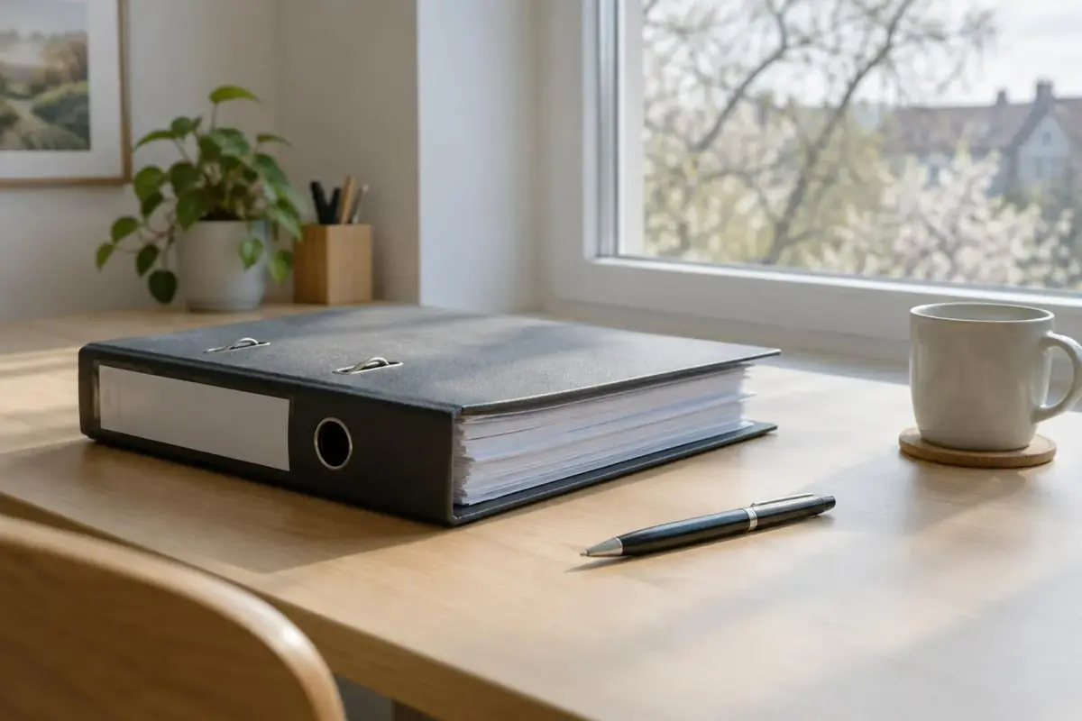 Classeur de documents administratifs et stylo posés sur un bureau clair près d'une fenêtre