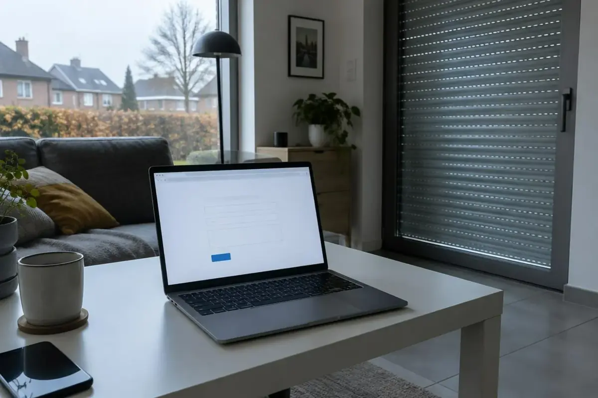 Ordinateur portable ouvert sur un formulaire en ligne, sur une table près d'un volet roulant
