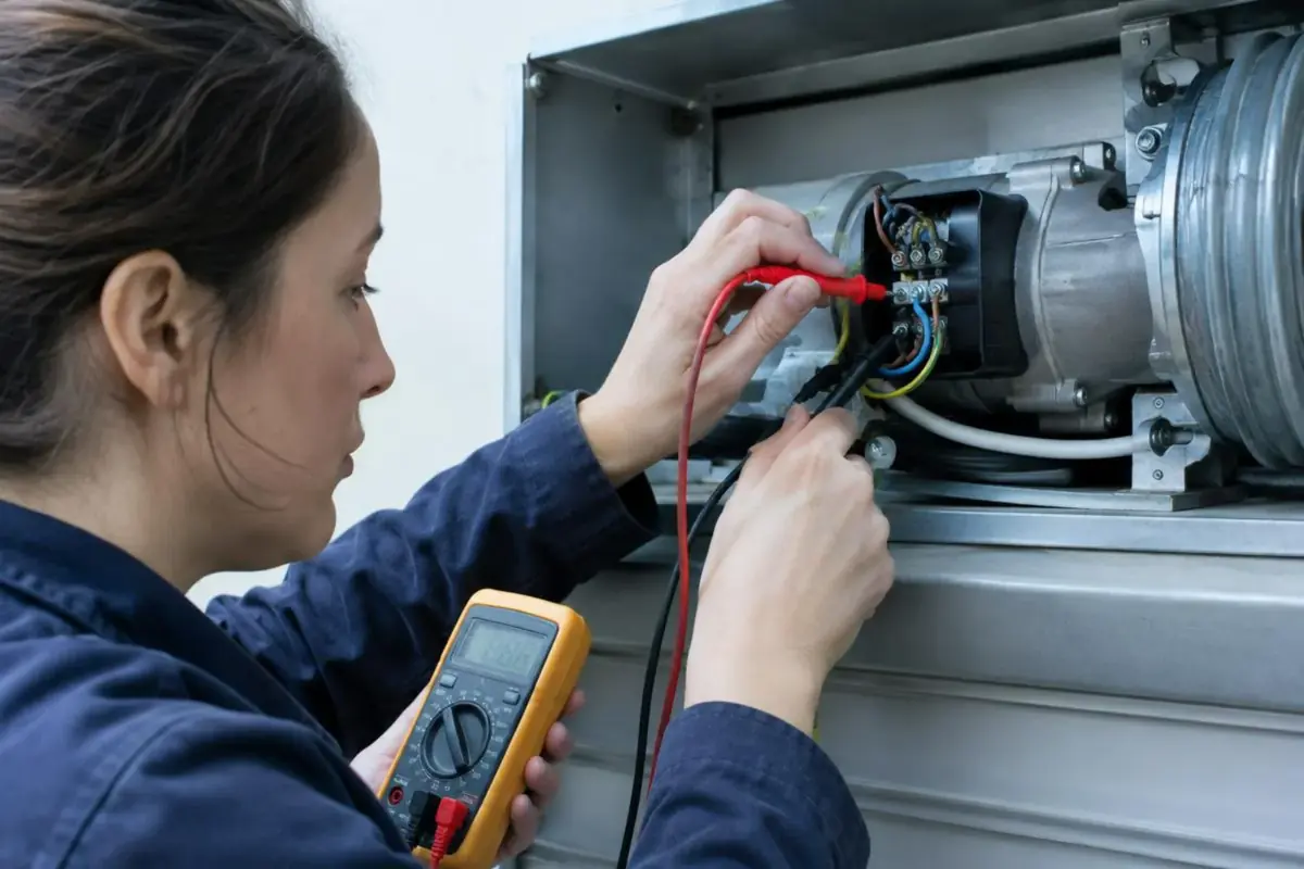 Technicien mesurant au multimètre l'alimentation d'un moteur de volet dans un coffre ouvert