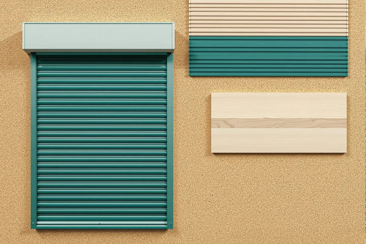 Lames de volet roulant en PVC crème, aluminium gris et bois clair alignées sur une table