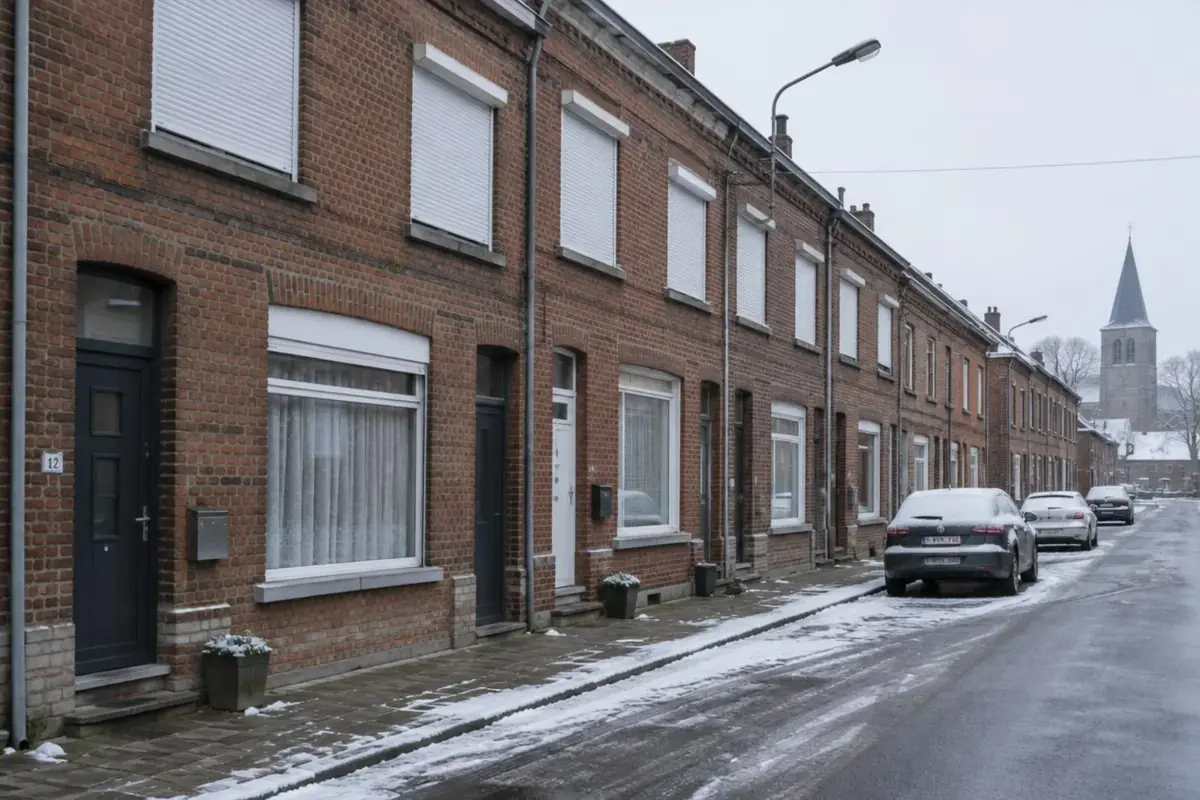 Rue de maisons ouvrières mitoyennes en brique avec volets roulants blancs aux fenêtres de l'étage