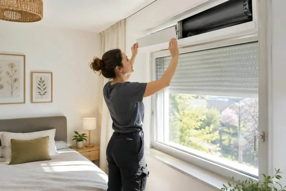 Technicienne en vêtements de travail ouvrant la trappe d'un coffre de volet intérieur au-dessus d'une fenêtre