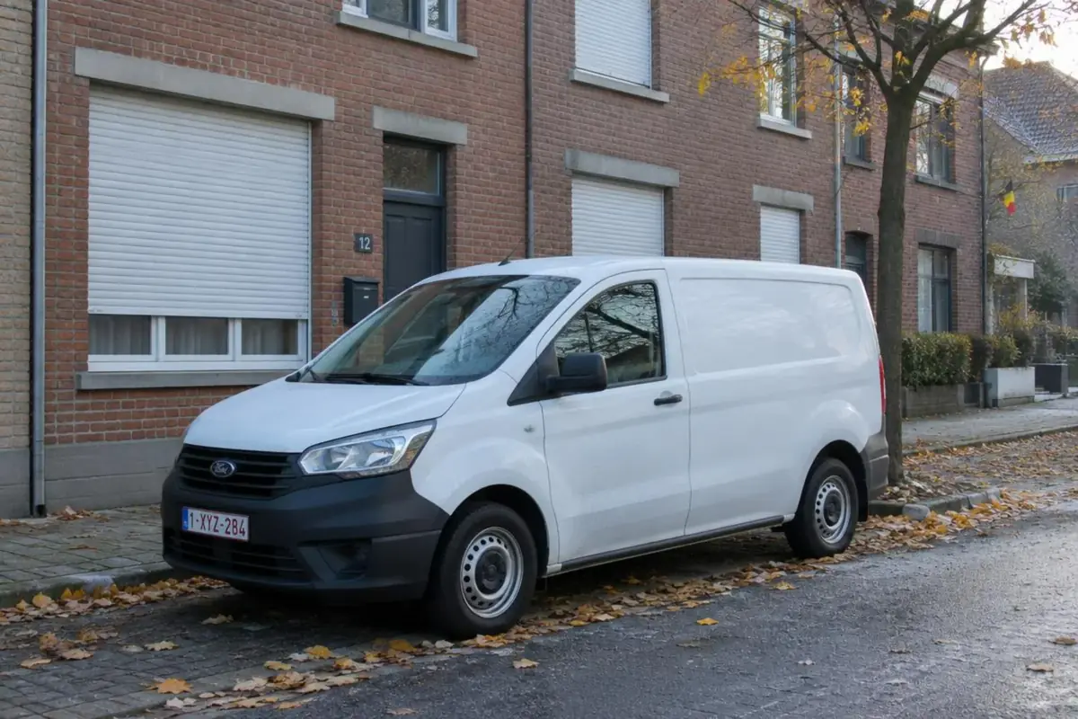 Camionnette blanche d'intervention stationnée devant une maison de bourg en brique aux volets roulants