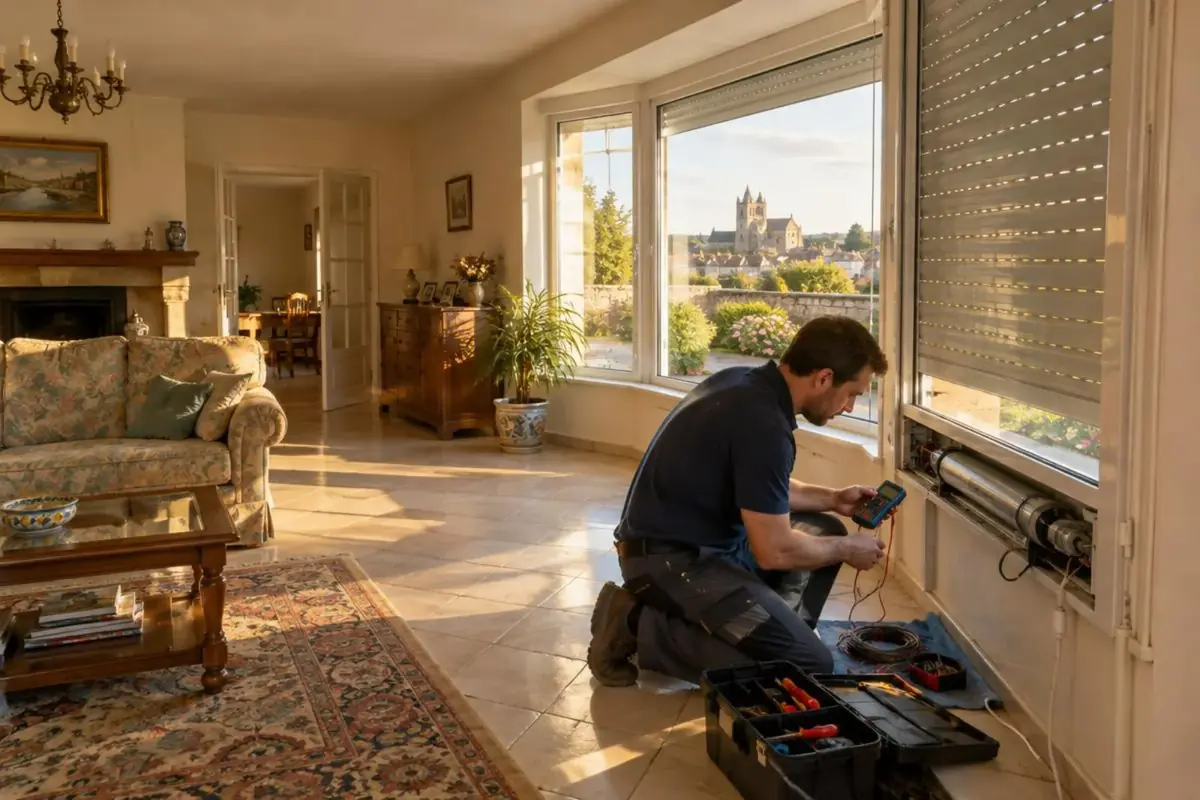 Technicien testant au multimètre le moteur d'un volet roulant électrique dans une villa de Saintes