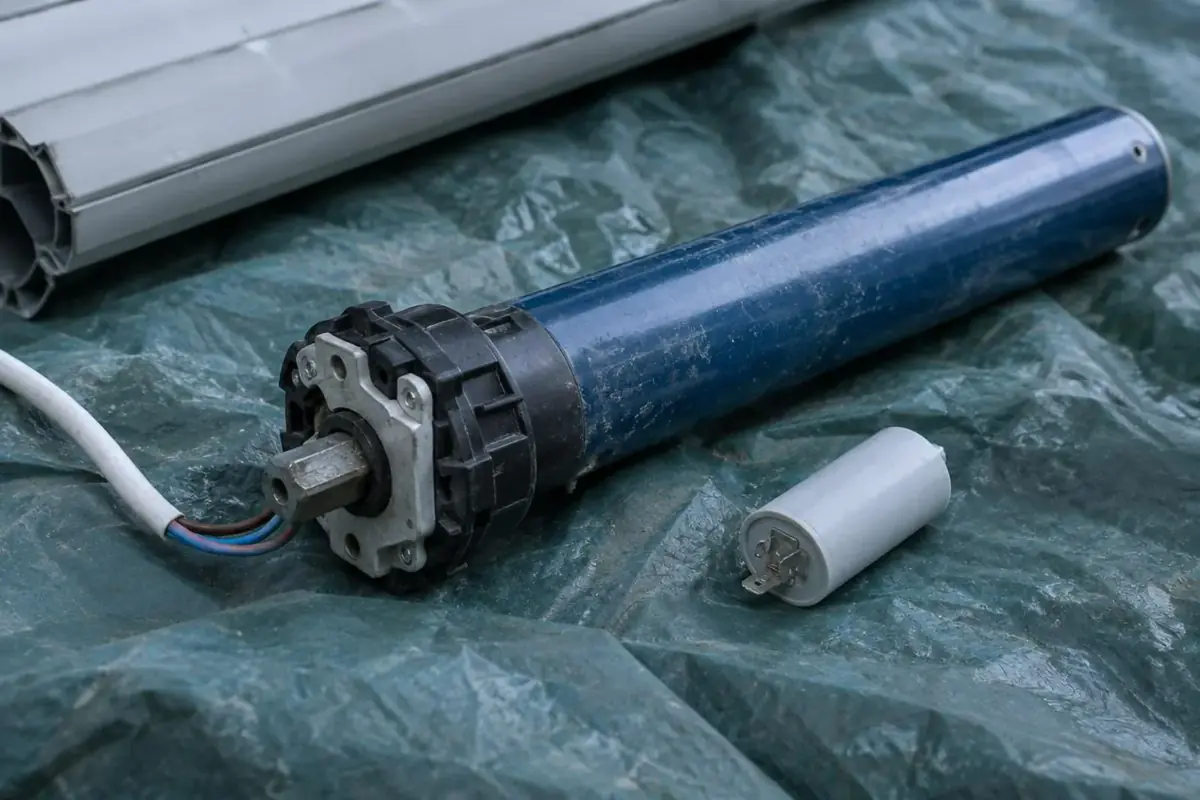 Moteur tubulaire extrait de son axe sur une bâche, à côté d'un condensateur neuf