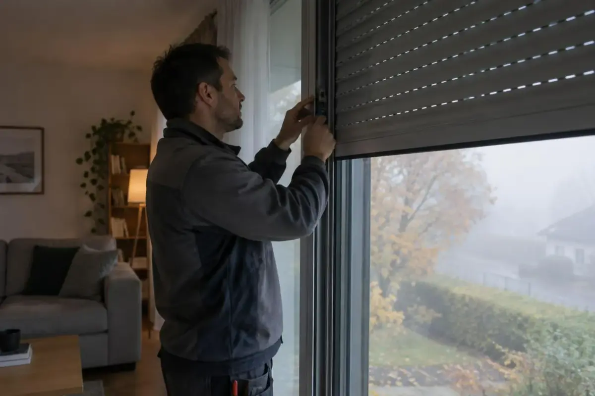 Technicien réglant les fins de course d'un volet électrique depuis l'intérieur d'un séjour