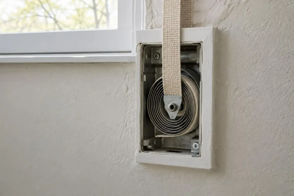 Boîtier d'enrouleur encastré ouvert sous une fenêtre, ressort spiral et sangle beige visibles