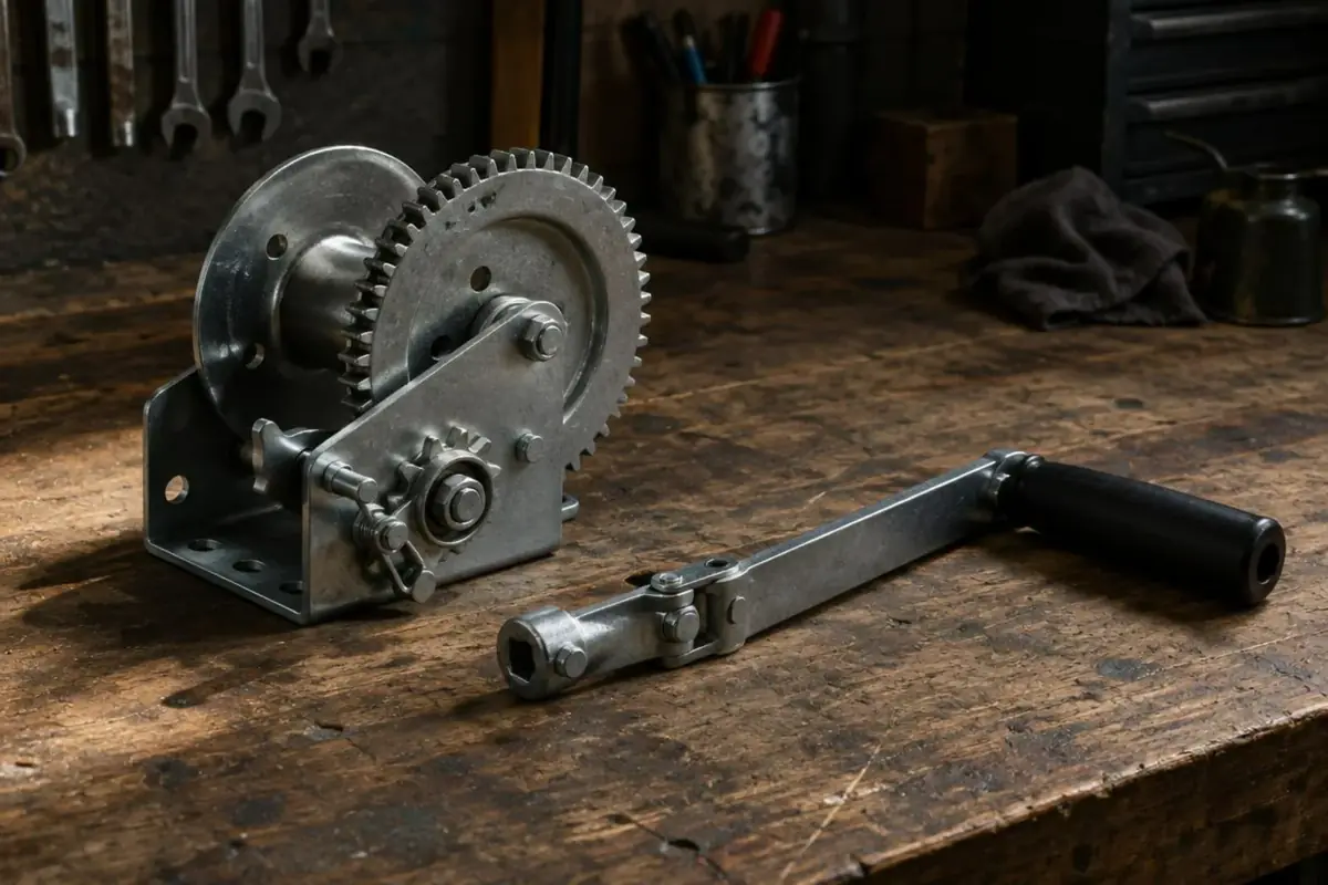 Treuil à engrenages de volet roulant et manivelle articulée posés sur une table de travail