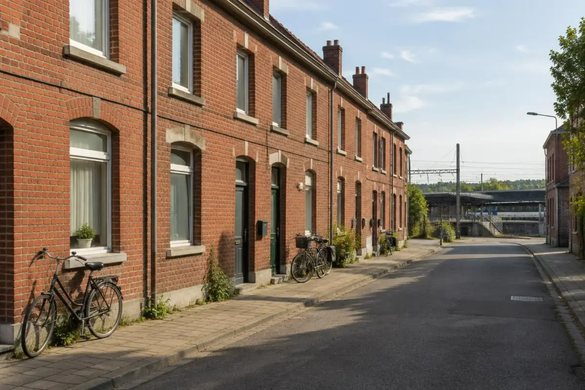 Rue de maisons ouvrières mitoyennes en brique rouge près de la gare de Tubize