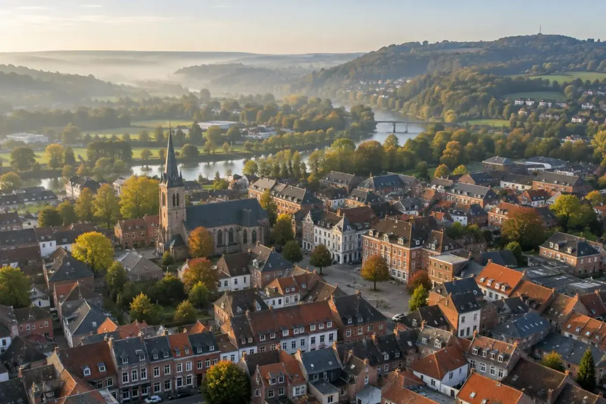 Toits en brique du centre de Tubize vus d'en haut, vallée de la Senne au fond