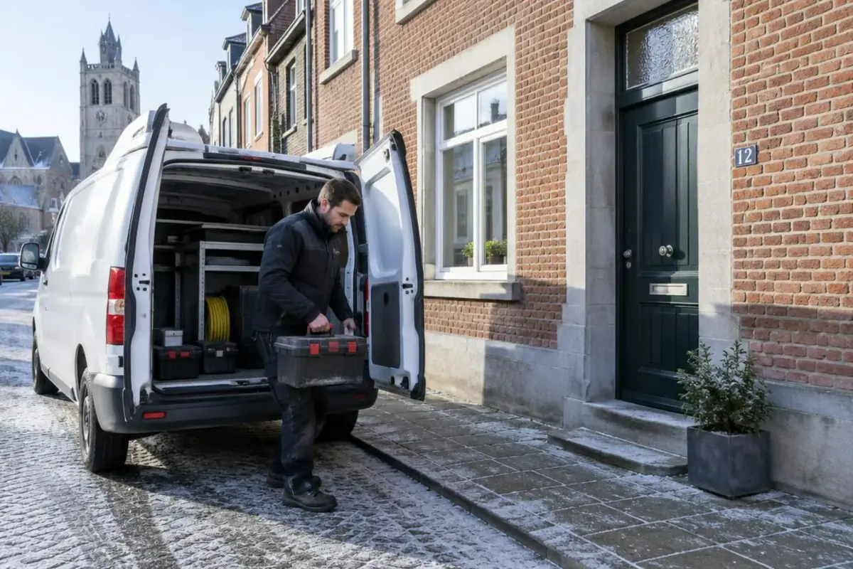Technicien sortant sa caisse à outils d'une camionnette devant une maison de bourg à Saintes